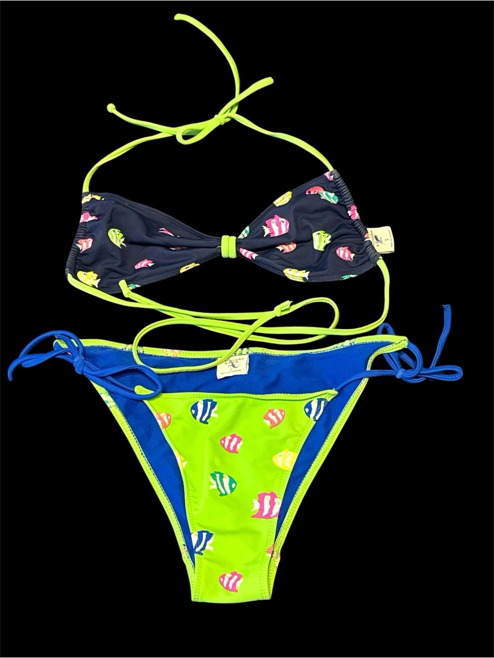Abercrombie & Fitch Neon Green and Navy Fish-Print Bikini